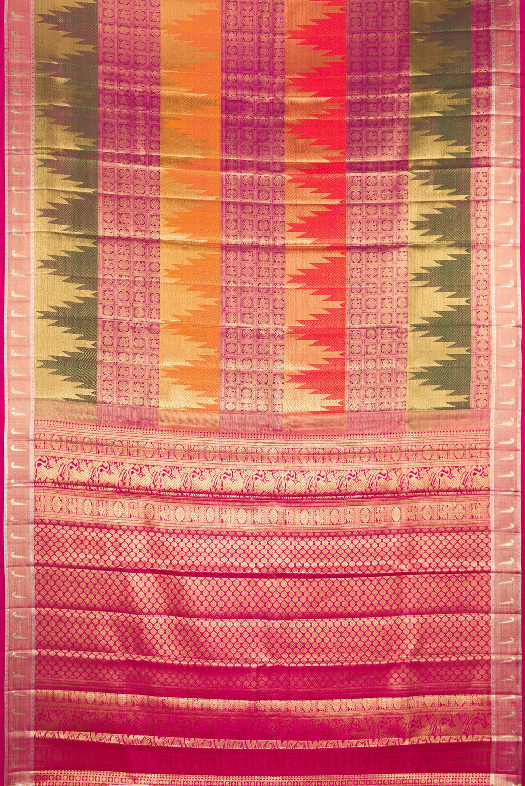 Flat view of Pure Silk Multi Color Kanjivaram Saree with Zari Brocade on the body and Temple Border. 