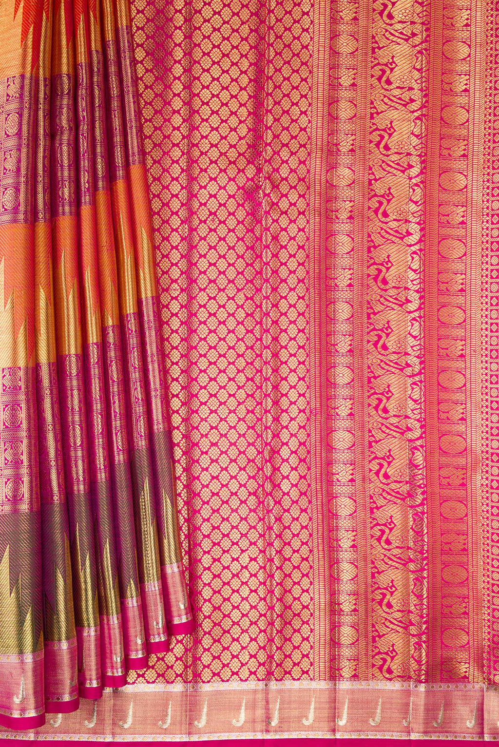 Pleats and pallu of Pure Silk Multi Color Kanjivaram Saree with Zari Brocade on the body and Temple Border. 