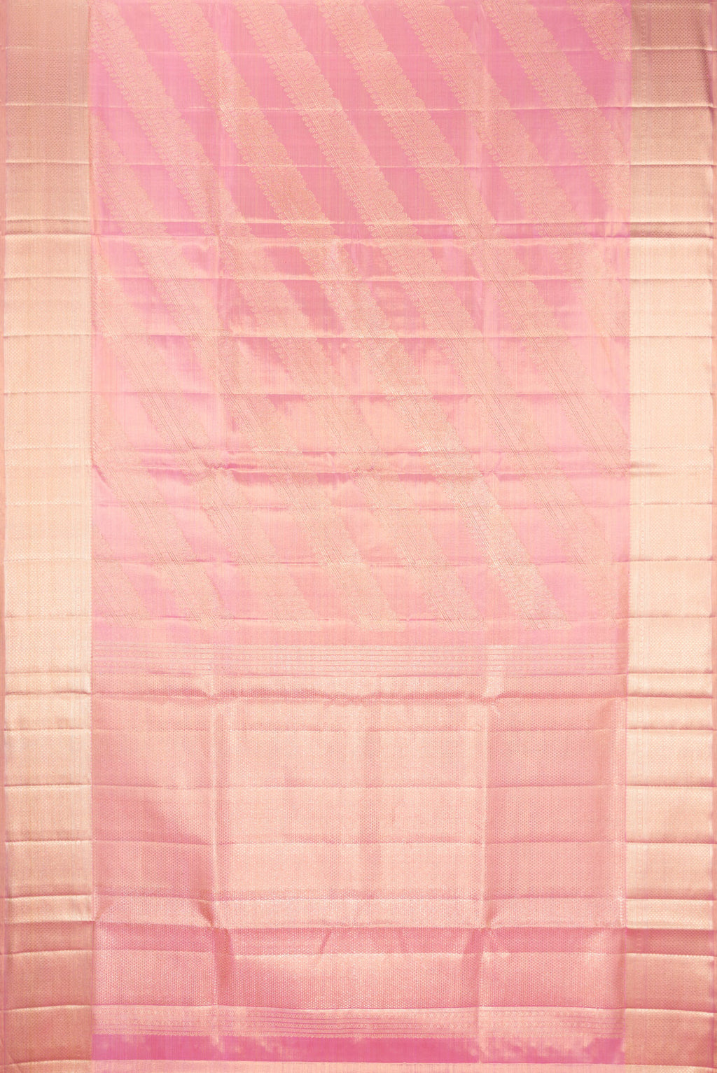 Flat view of Rose pink Dual Tone Kanjivaram Tissue Silk Saree with Zari Brocade on the body and Zari Border. 
