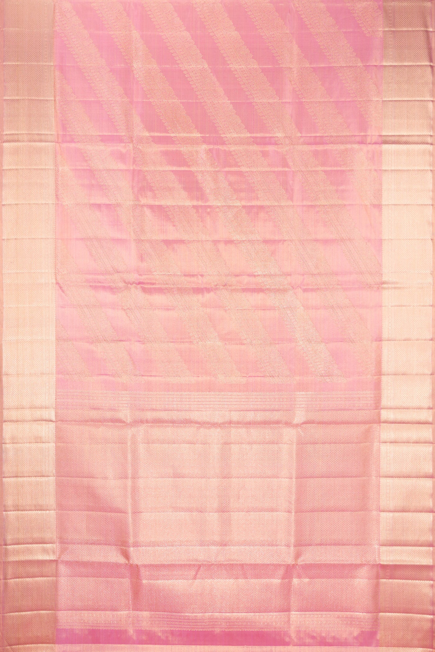 Flat view of Rose pink Dual Tone Kanjivaram Tissue Silk Saree with Zari Brocade on the body and Zari Border. 