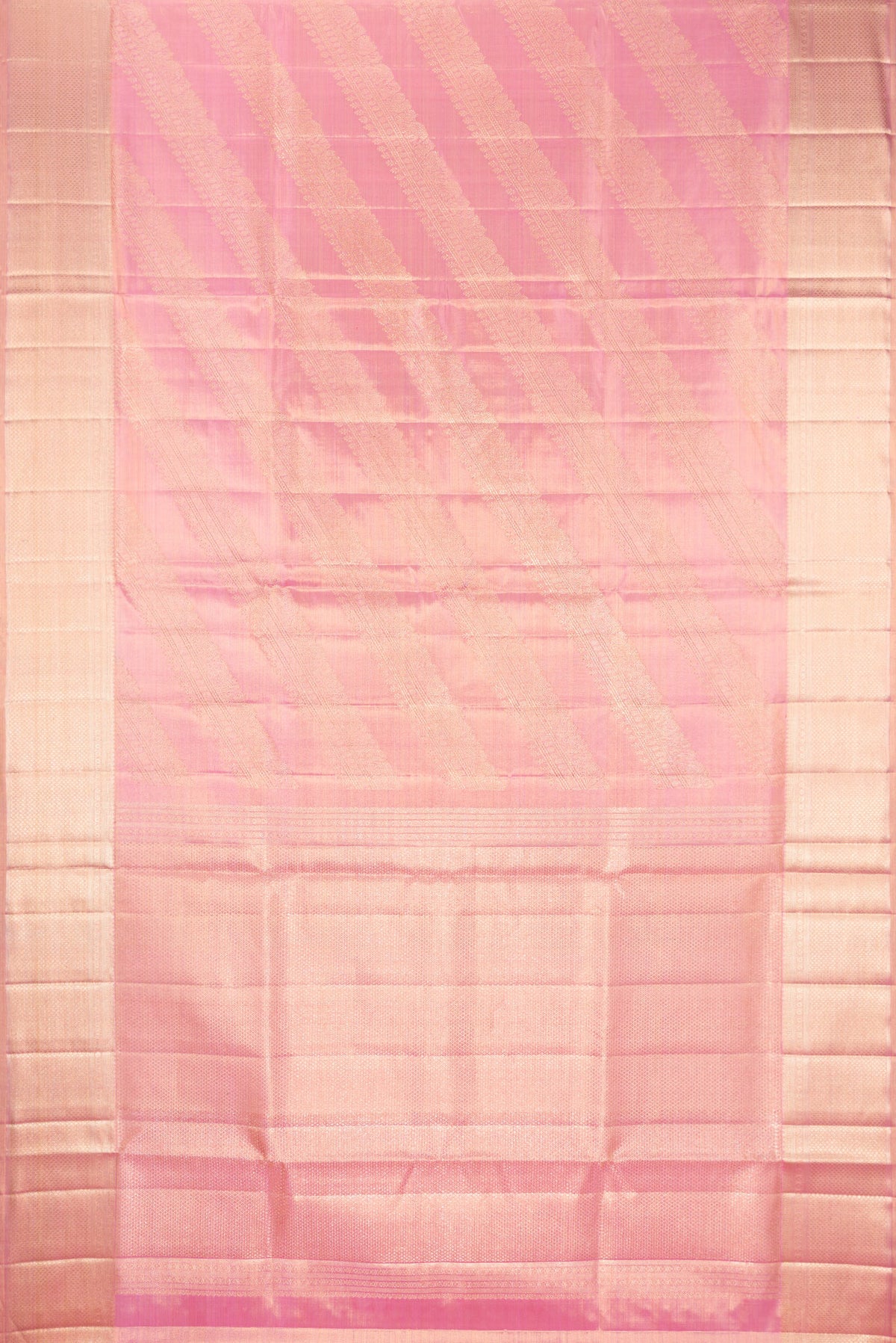 Flat view of Rose pink Dual Tone Kanjivaram Tissue Silk Saree with Zari Brocade on the body and Zari Border. 