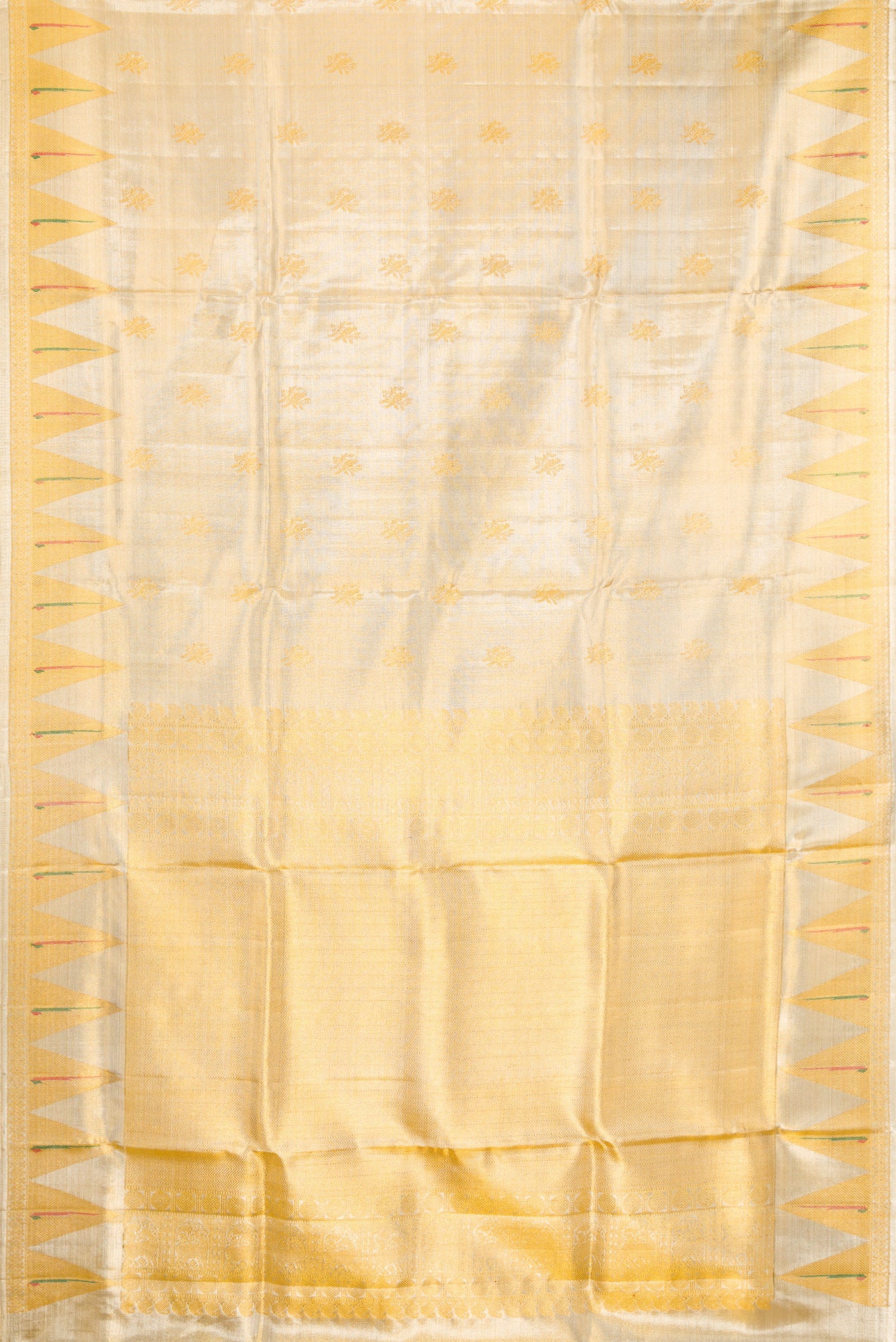 Flat view of Gold Kanjivaram Tissue Silk Saree with Zari Brocade on the body and Paithani Border. 