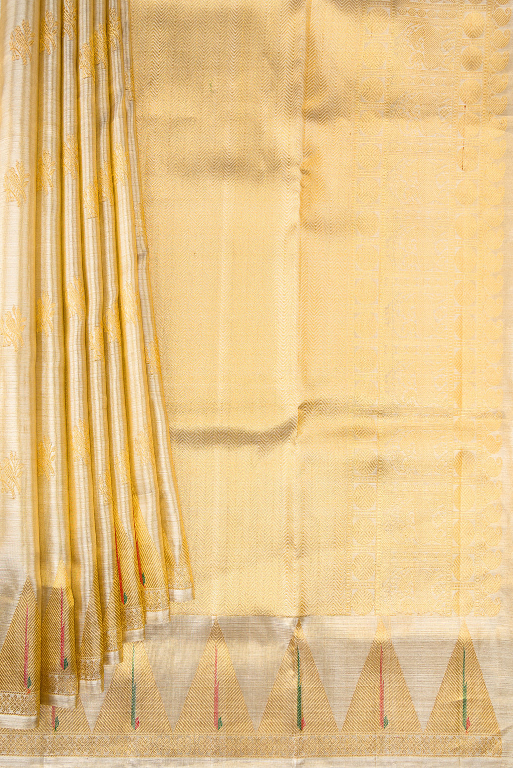 Pleats and pallu of Gold Kanjivaram Tissue Silk Saree with Zari Brocade on the body and Paithani Border. 