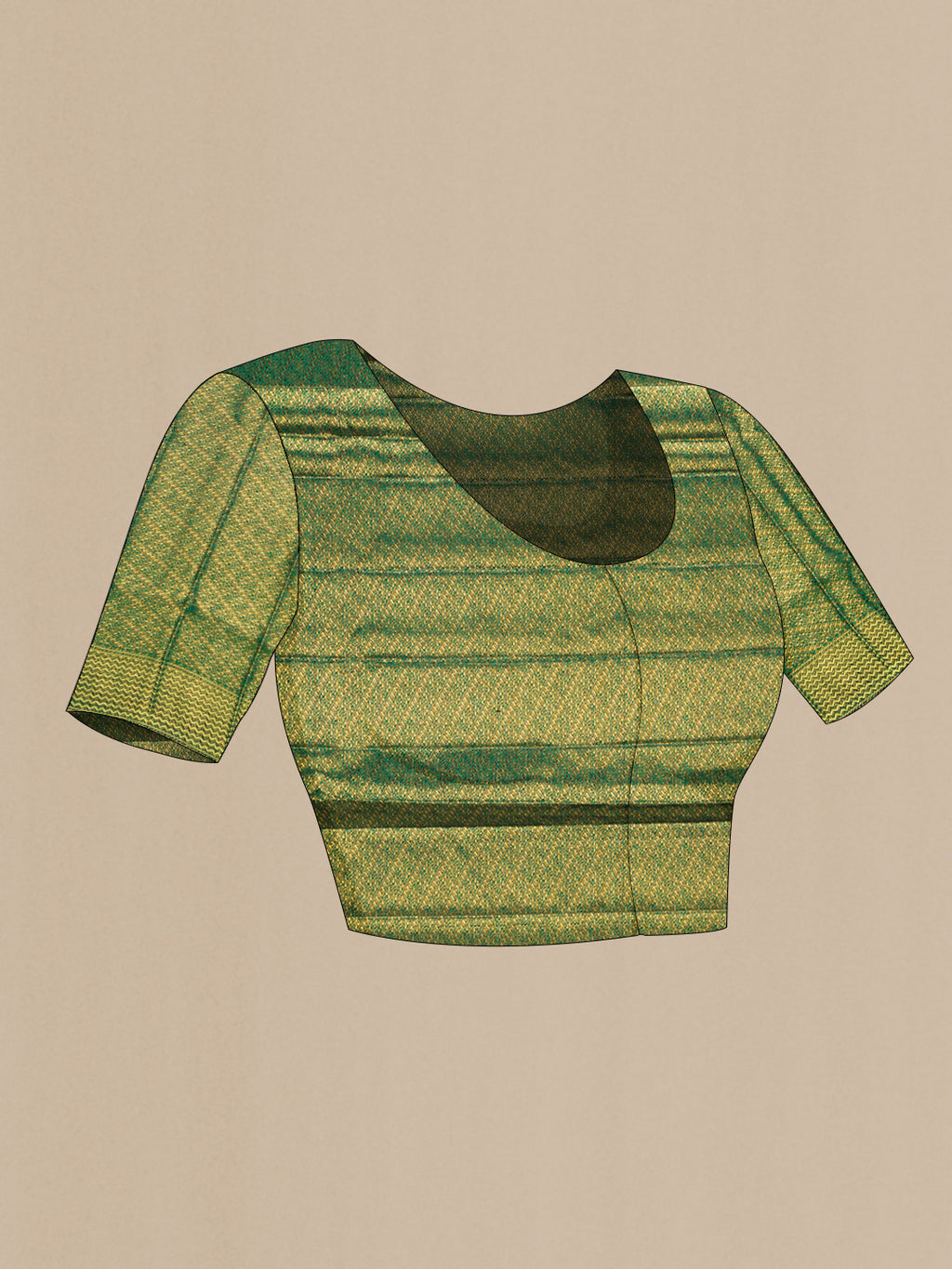 Close up image of the blouse of Green Kanjivaram Silk Saree with Zari Brocade on the body and Zari Border. 
