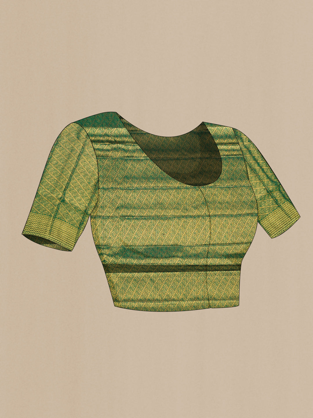 Close up image of the blouse of Green Kanjivaram Silk Saree with Zari Brocade on the body and Zari Border. 