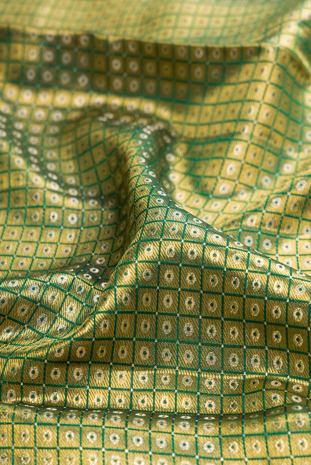 Close up of Green Kanjivaram Silk Saree with Zari Brocade on the body and Zari Border.  displaying folds
