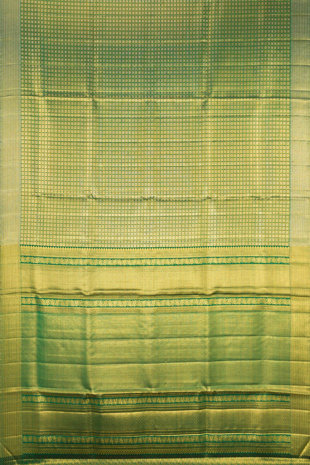 Flat view of Green Kanjivaram Silk Saree with Zari Brocade on the body and Zari Border. 