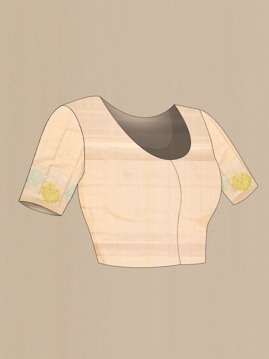 Close up image of the blouse of Golden Peach Dual Tone Kanjivaram Tissue Silk Saree with Zari Brocade on the body and Fancy Border. 