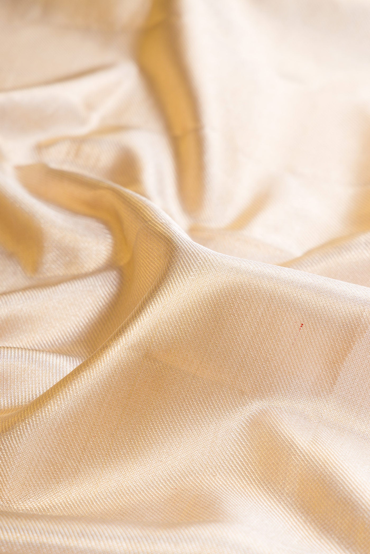 Close up of Golden Peach Dual Tone Kanjivaram Tissue Silk Saree with Zari Brocade on the body and Fancy Border.  displaying folds