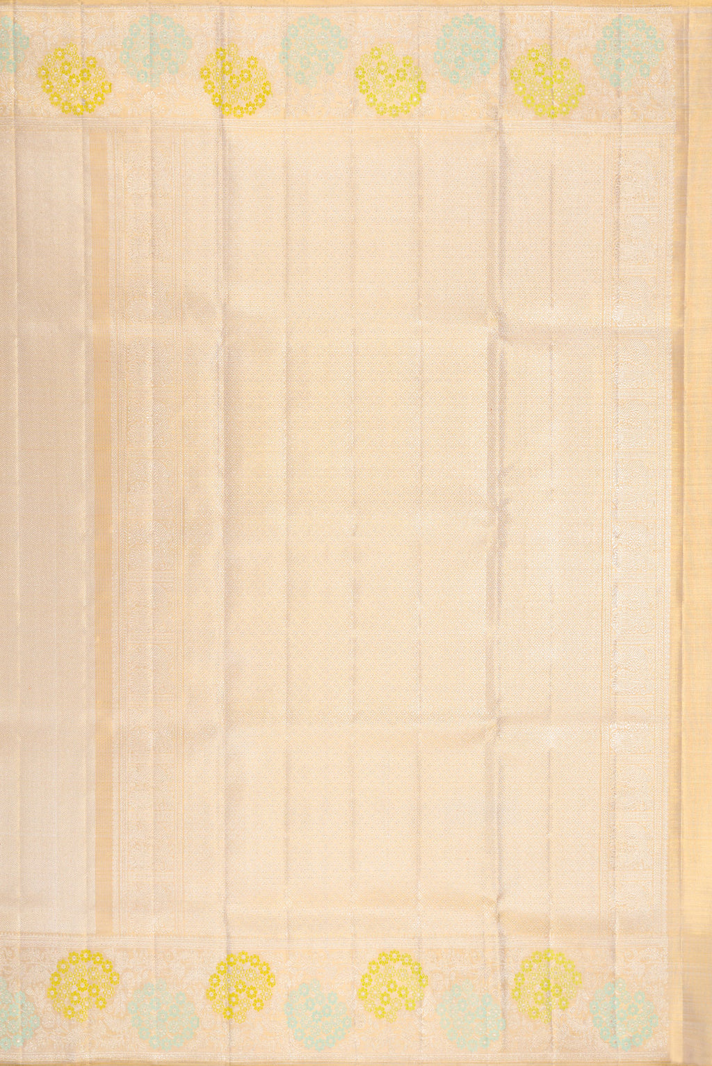 Close up image of the pallu of Golden Peach Dual Tone Kanjivaram Tissue Silk Saree with Zari Brocade on the body and Fancy Border. 