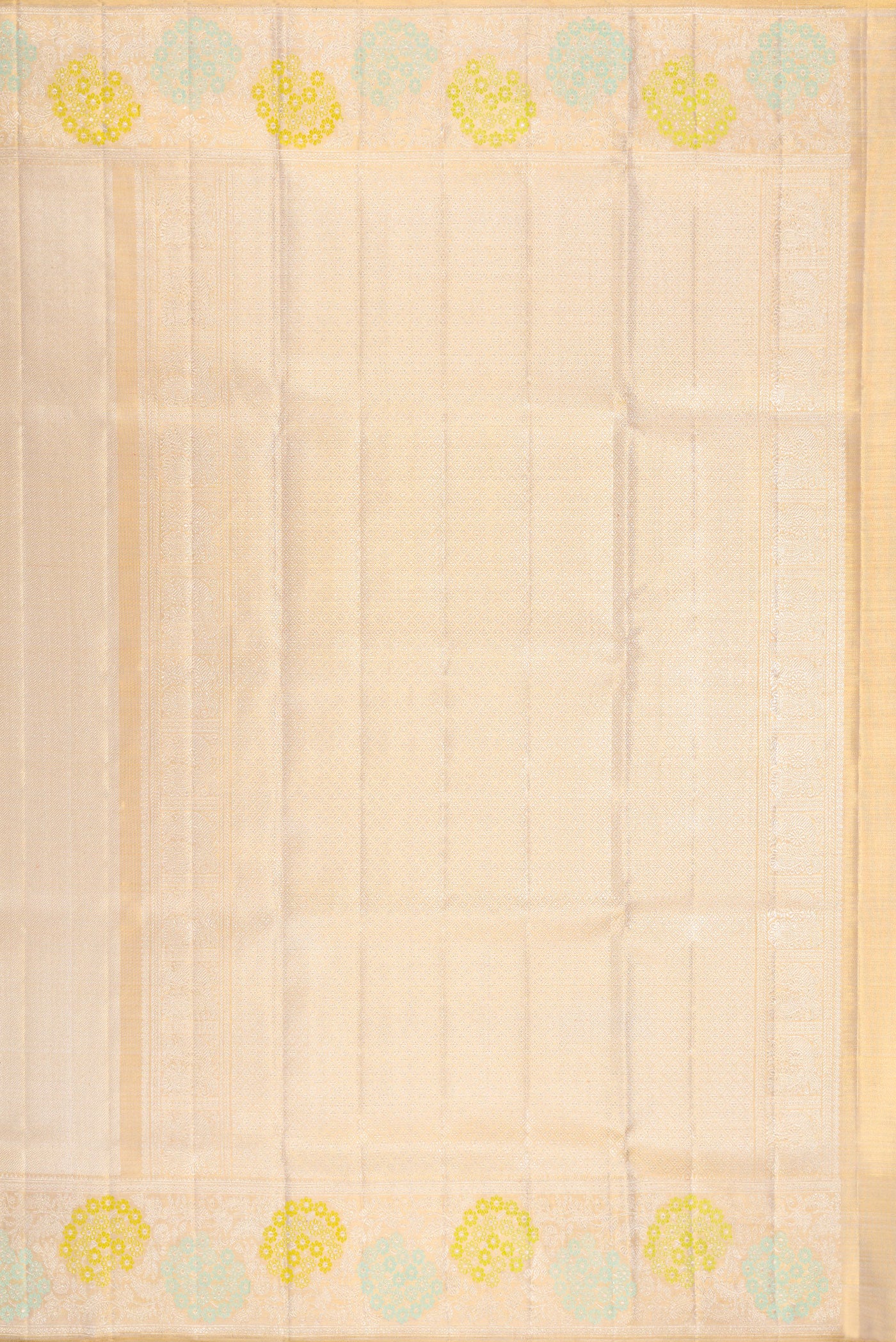 Close up image of the pallu of Golden Peach Dual Tone Kanjivaram Tissue Silk Saree with Zari Brocade on the body and Fancy Border. 