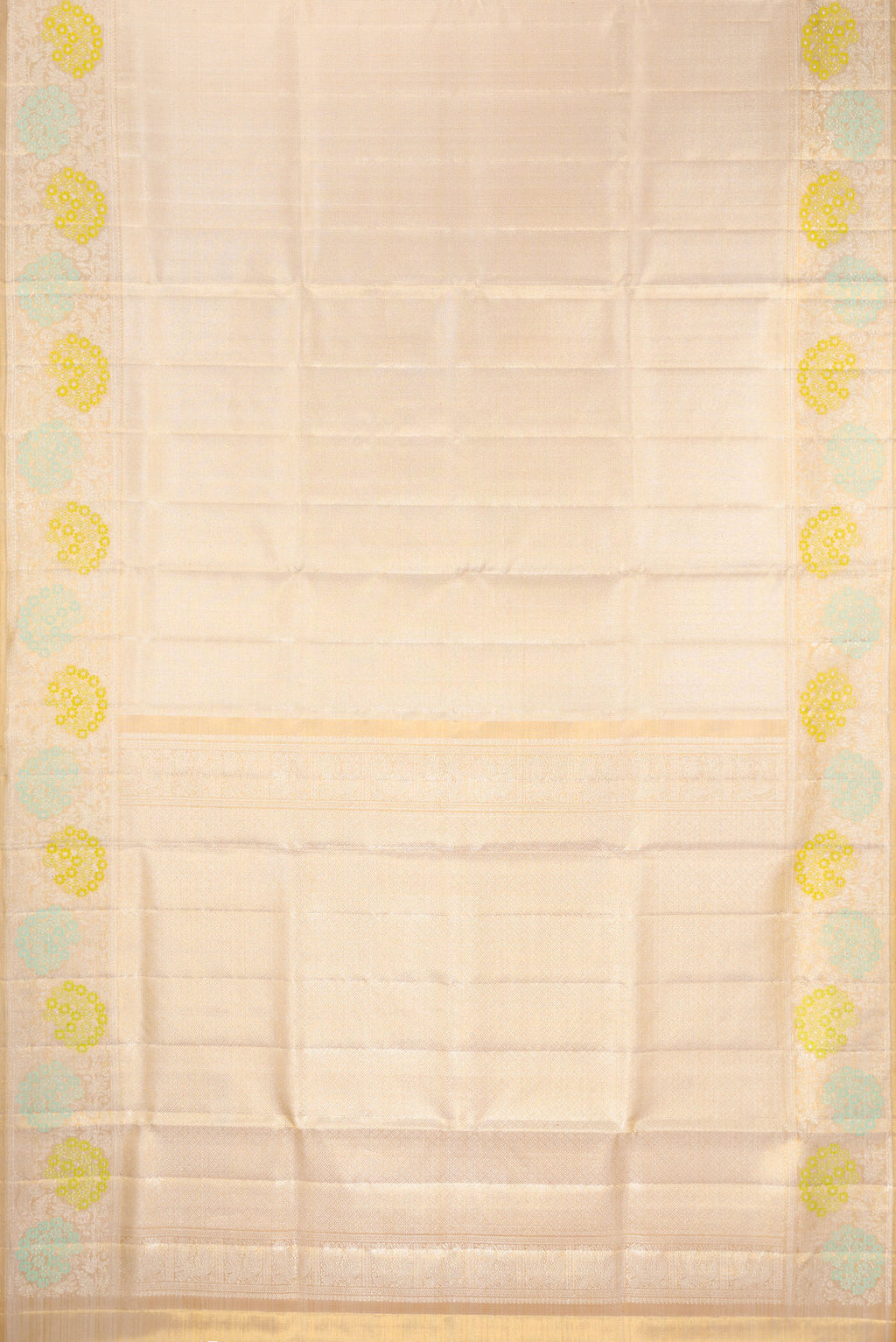 Flat view of Golden Peach Dual Tone Kanjivaram Tissue Silk Saree with Zari Brocade on the body and Fancy Border. 