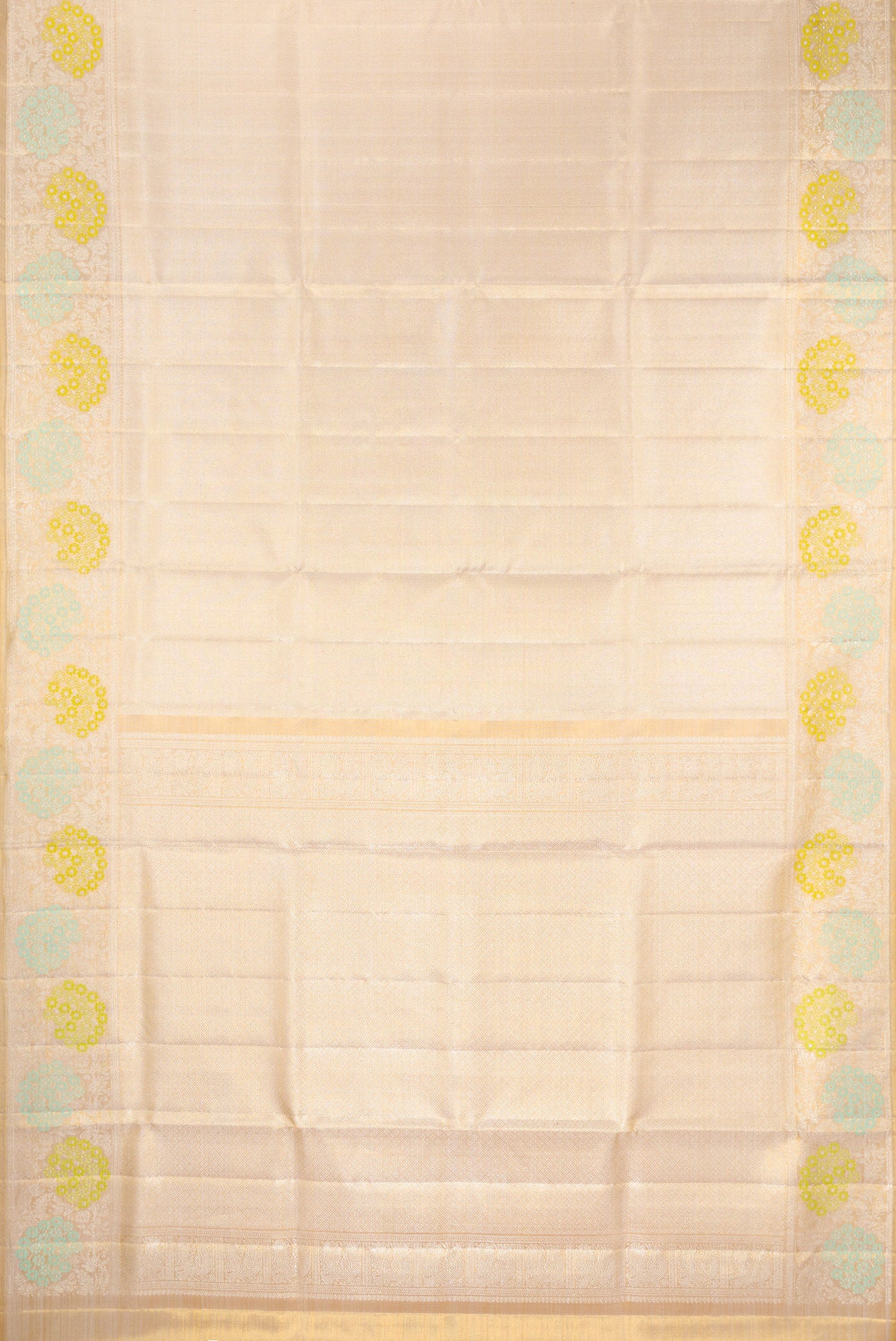 Flat view of Golden Peach Dual Tone Kanjivaram Tissue Silk Saree with Zari Brocade on the body and Fancy Border. 