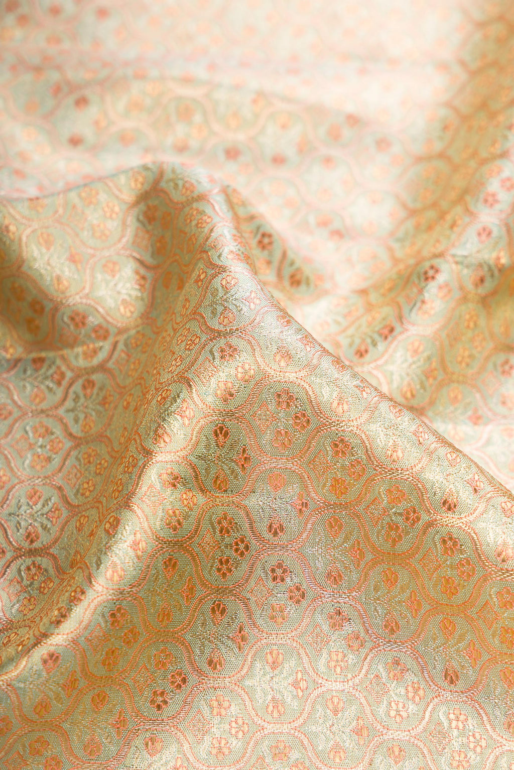 Close up of Pista Green Dual Tone Kanjivaram Tissue Silk Saree with Zari Brocade on the body and Fancy Border.  displaying folds