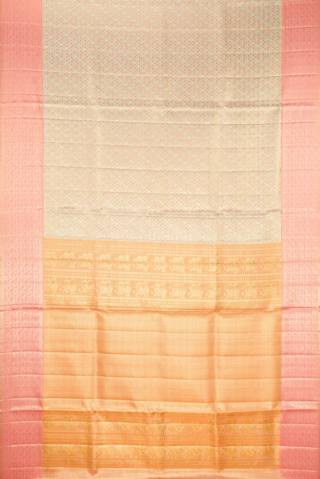 Flat view of Pista Green Dual Tone Kanjivaram Tissue Silk Saree with Zari Brocade on the body and Fancy Border. 