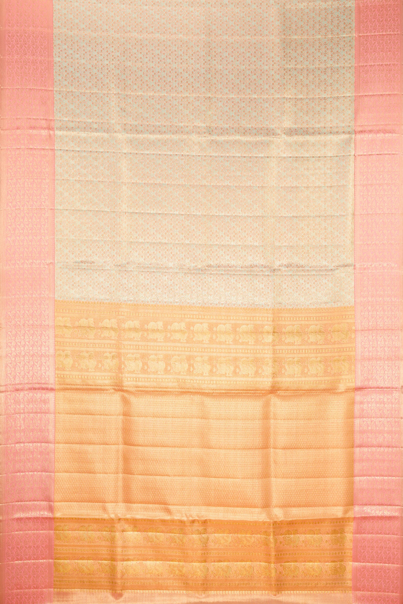 Flat view of Pista Green Dual Tone Kanjivaram Tissue Silk Saree with Zari Brocade on the body and Fancy Border. 