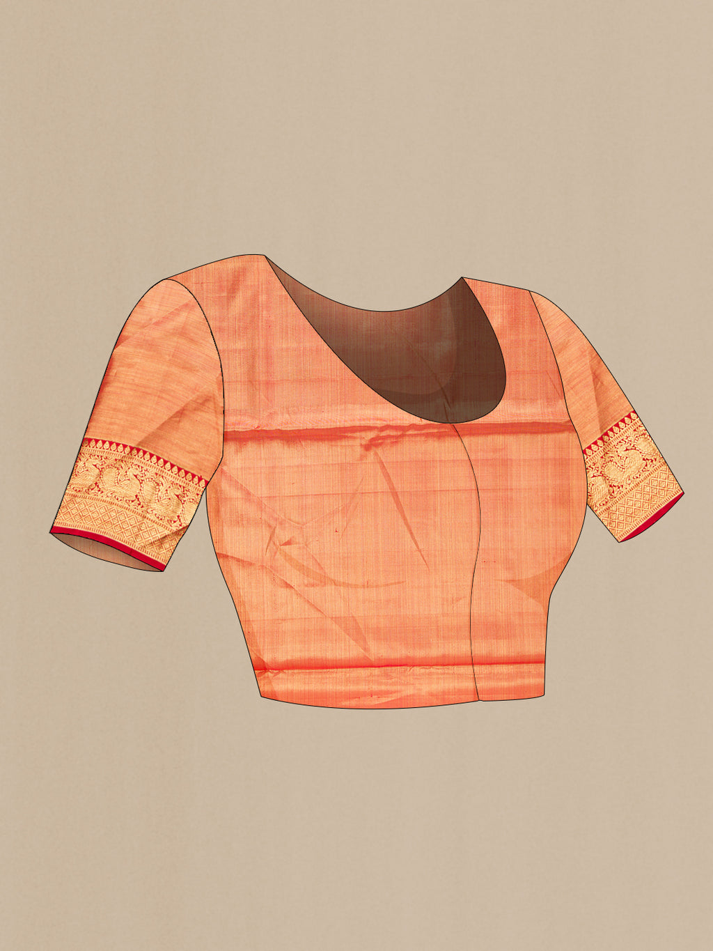 Close up image of the blouse of Pure Silk Golden Peach Dual Tone Kanjivaram Tissue Saree with Zari Brocade on the body and Zari Border. 