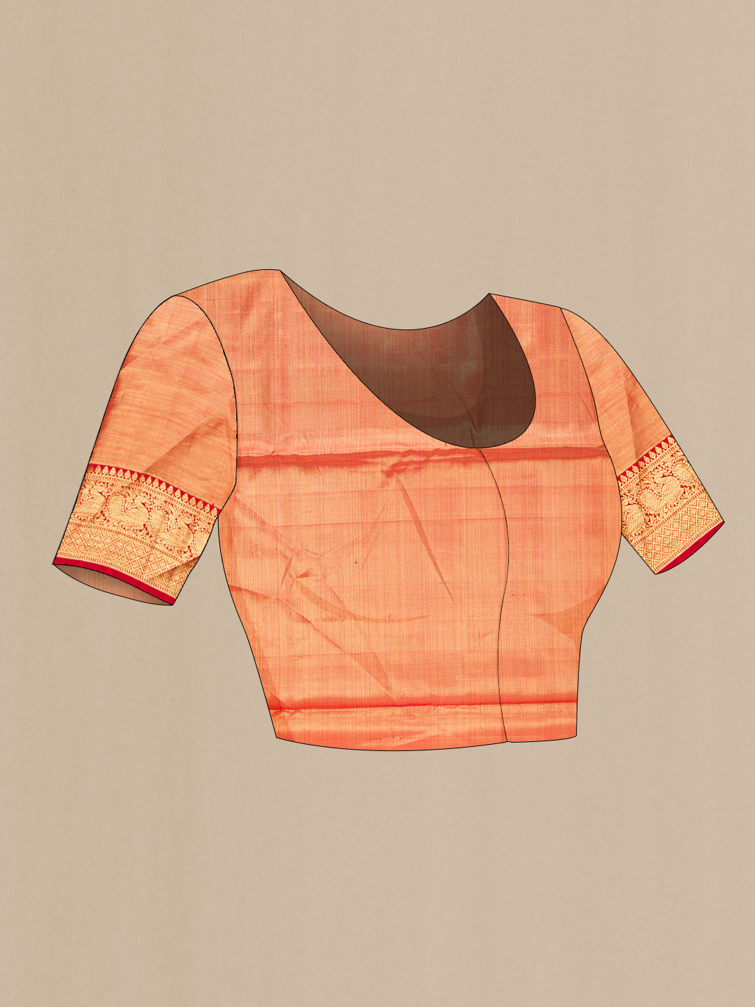 Close up image of the blouse of Pure Silk Golden Peach Dual Tone Kanjivaram Tissue Saree with Zari Brocade on the body and Zari Border. 