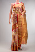 Pure Silk Golden Peach Dual Tone Kanjivaram Tissue Saree with Zari Brocade on the body and Zari Border.  displayed on a mannequin
