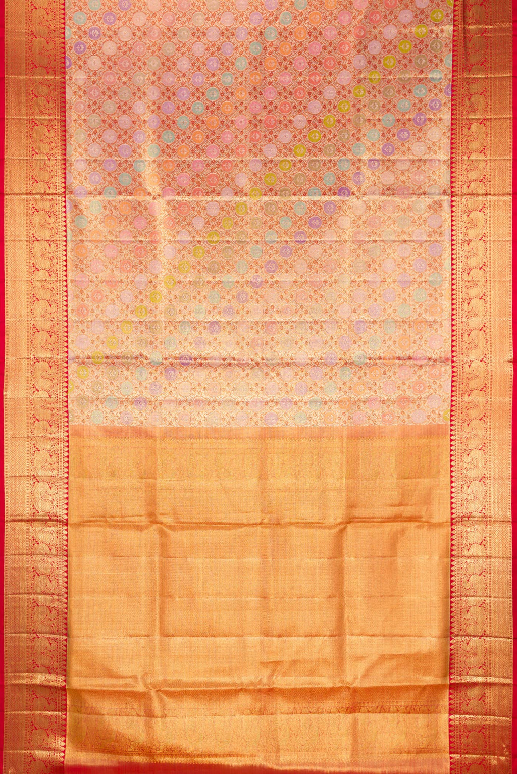Flat view of Pure Silk Golden Peach Dual Tone Kanjivaram Tissue Saree with Zari Brocade on the body and Zari Border. 