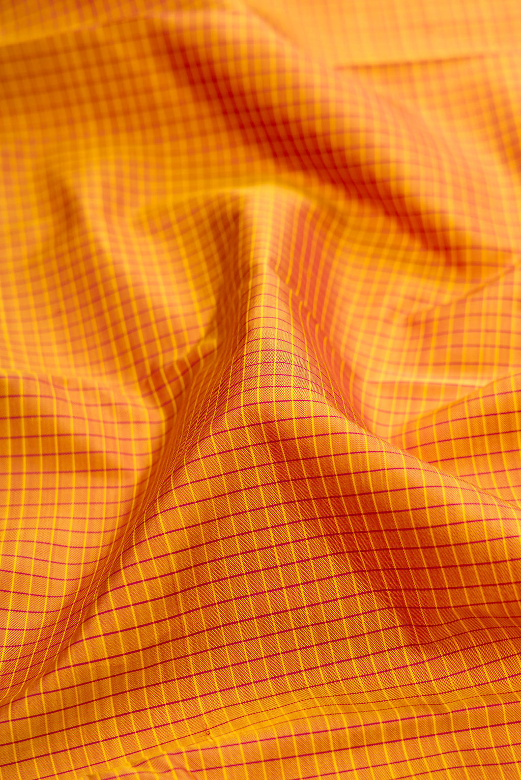 Close up of Pure Silk Mustard Kanchipuram Saree with Checked design on the body and Plain Border.  displaying folds