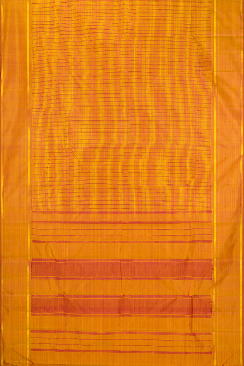 Flat view of Pure Silk Mustard Kanchipuram Saree with Checked design on the body and Plain Border. 