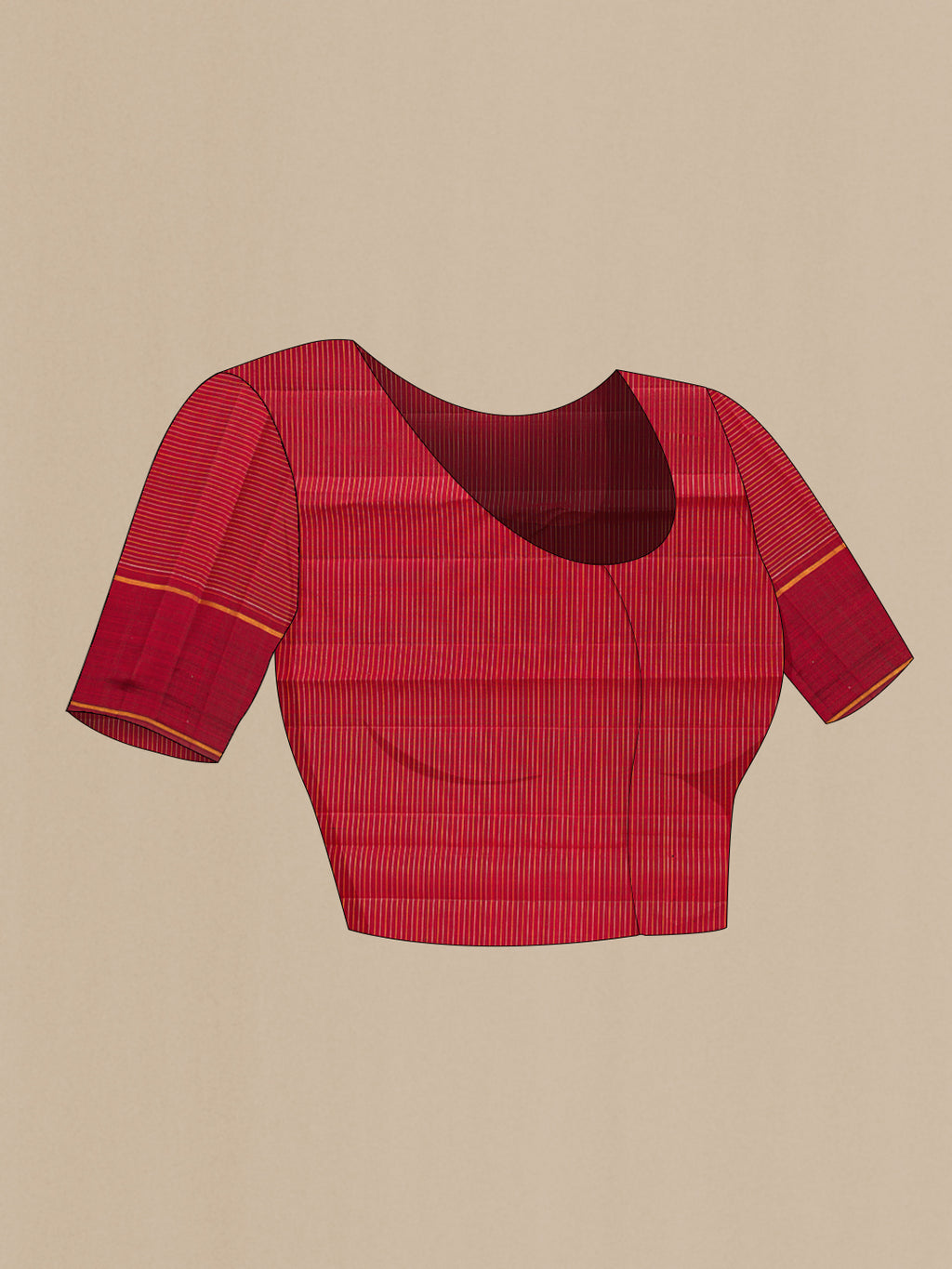 Close up image of the blouse of Maroon Kanchipuram Silk Saree with Stripes on the body and Plain Border. 