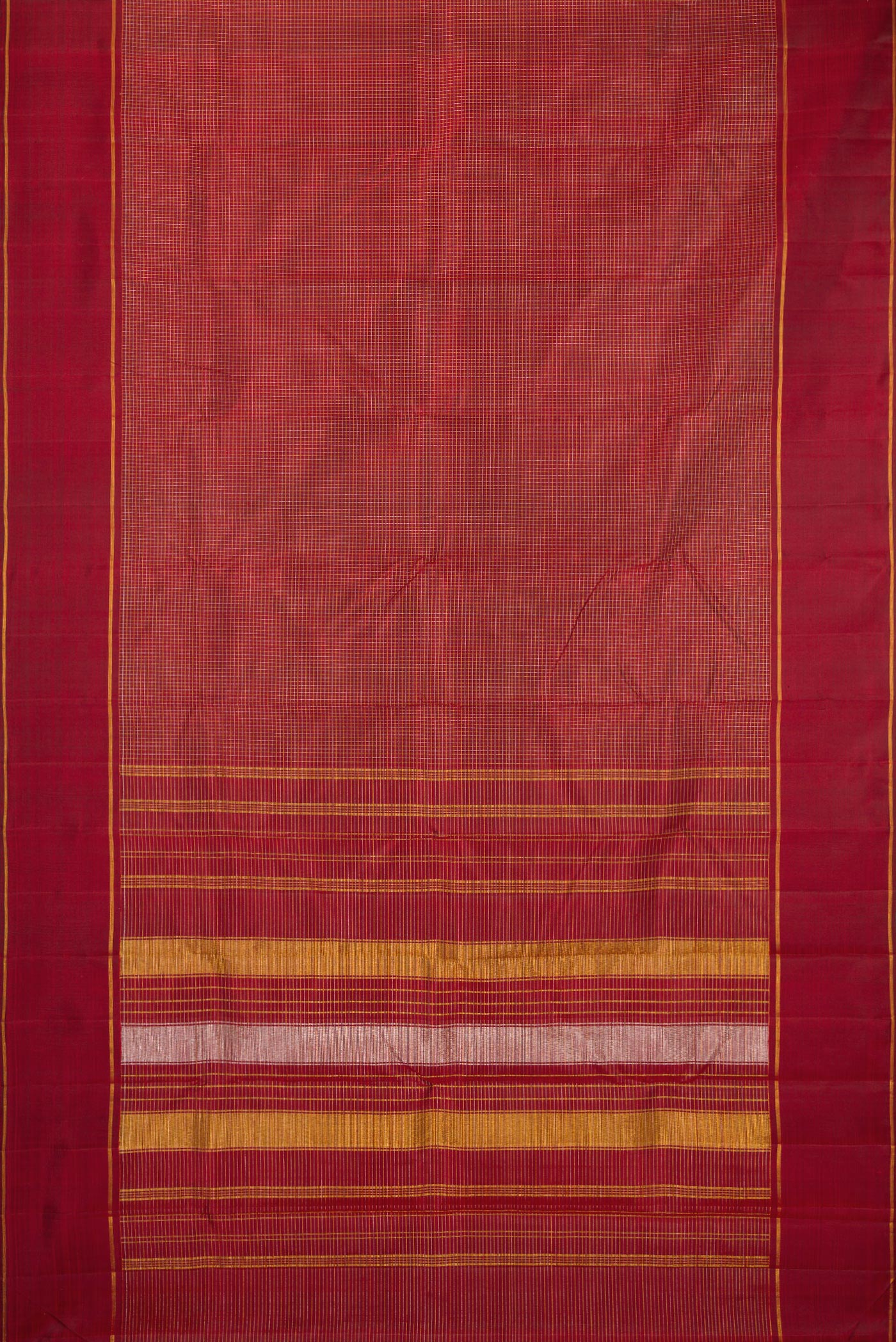 Flat view of Maroon Kanchipuram Silk Saree with Stripes on the body and Plain Border. 