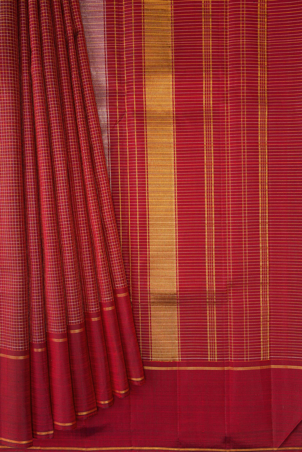 Pleats and pallu of Maroon Kanchipuram Silk Saree with Stripes on the body and Plain Border. 