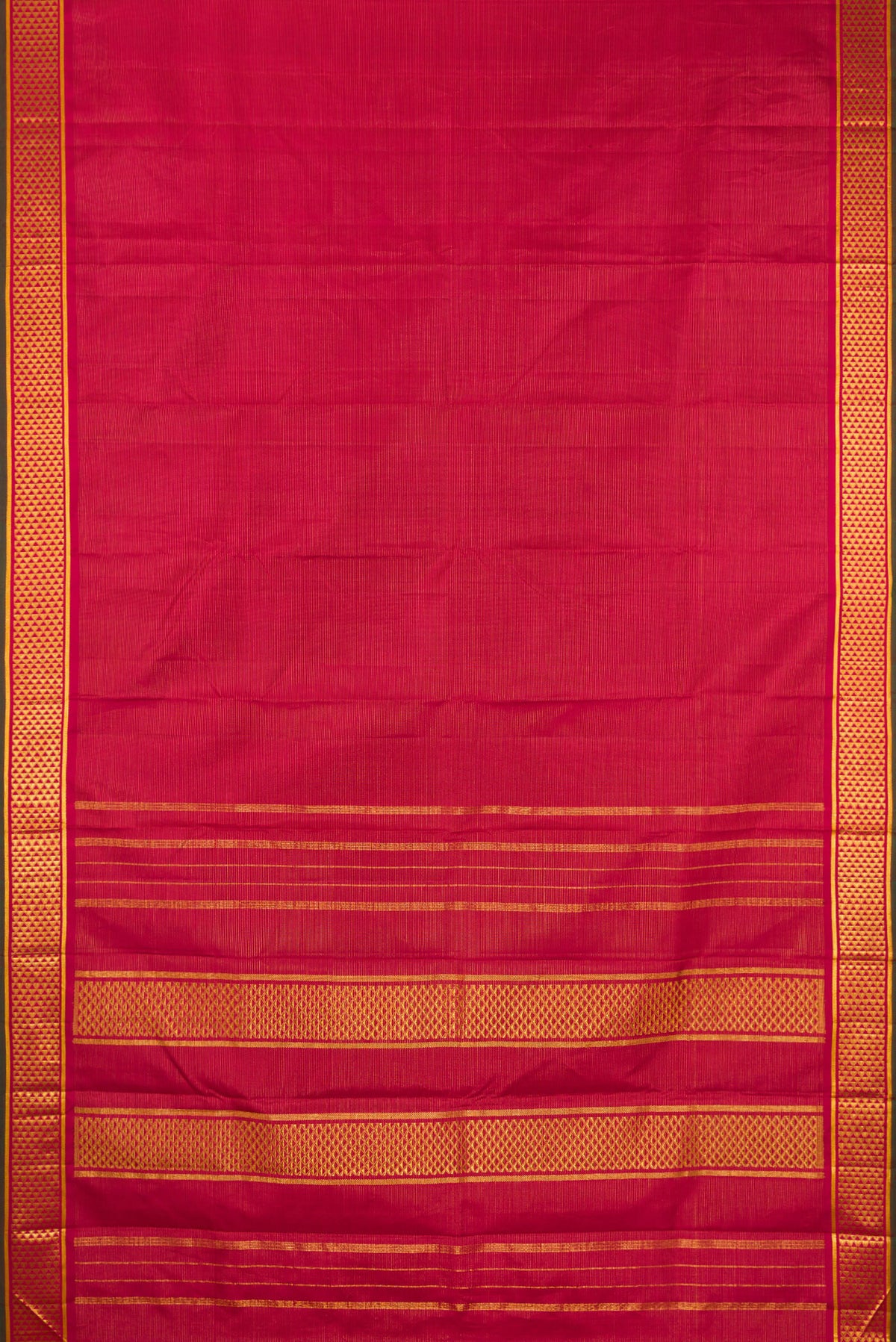 Flat view of Pure Silk Maroon Kanchipuram Saree with Stripes on the body and Zari Border. 