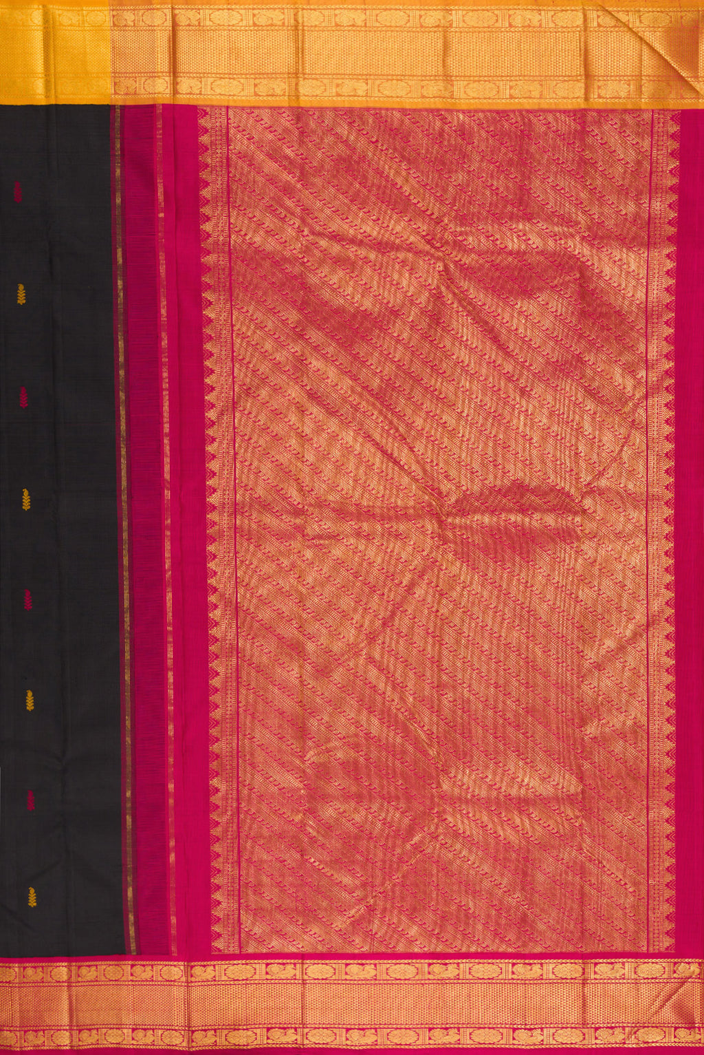 Close up image of the pallu of Black Kanjivaram Silk Saree with Thread Butta on the body and Ganga Jamuna Border. 