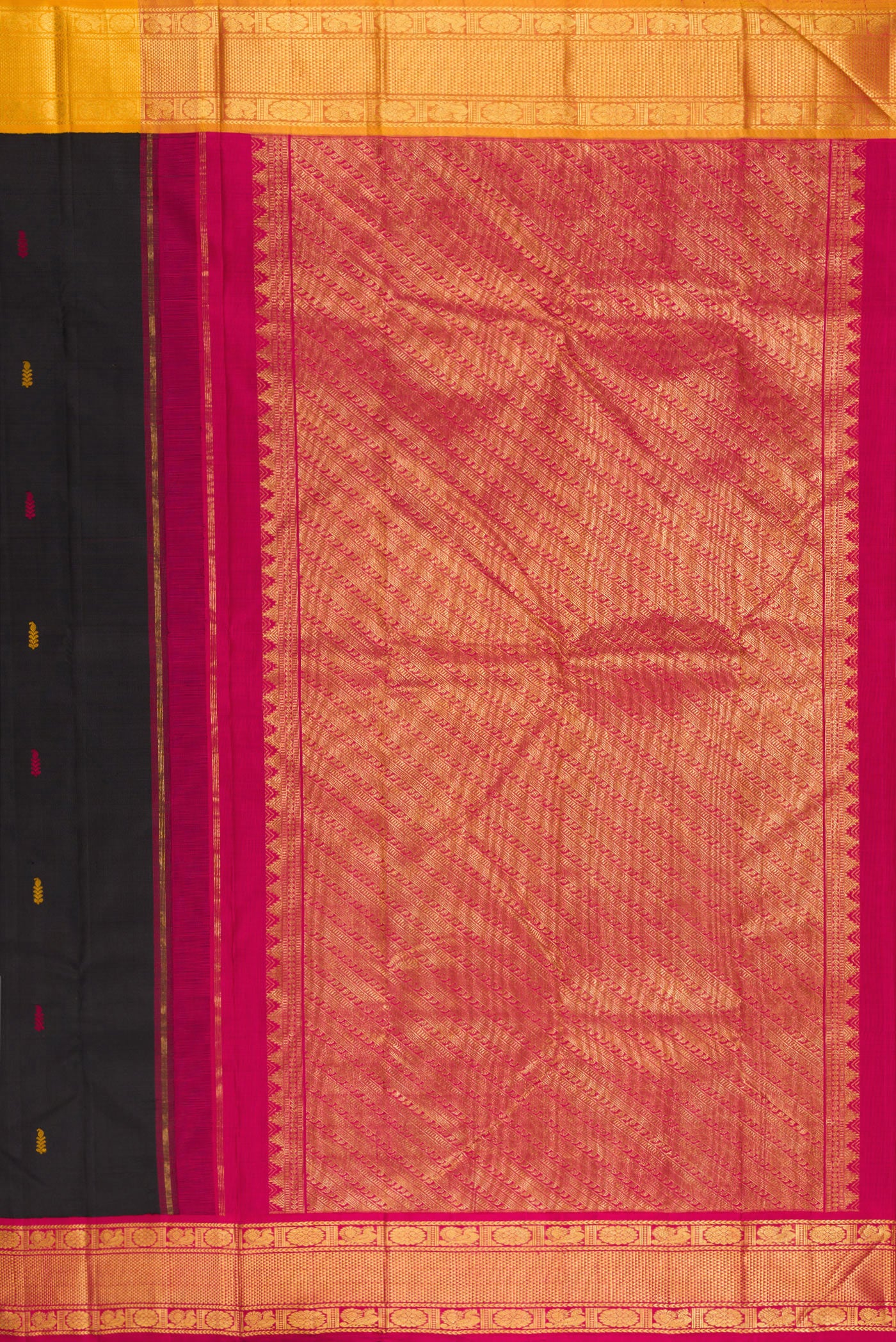 Close up image of the pallu of Black Kanjivaram Silk Saree with Thread Butta on the body and Ganga Jamuna Border. 
