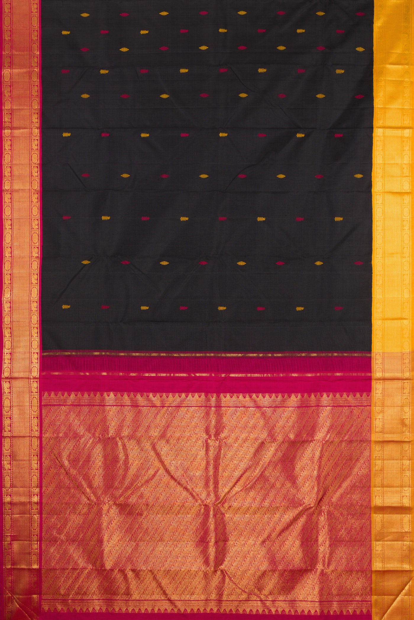 Flat view of Black Kanjivaram Silk Saree with Thread Butta on the body and Ganga Jamuna Border. 