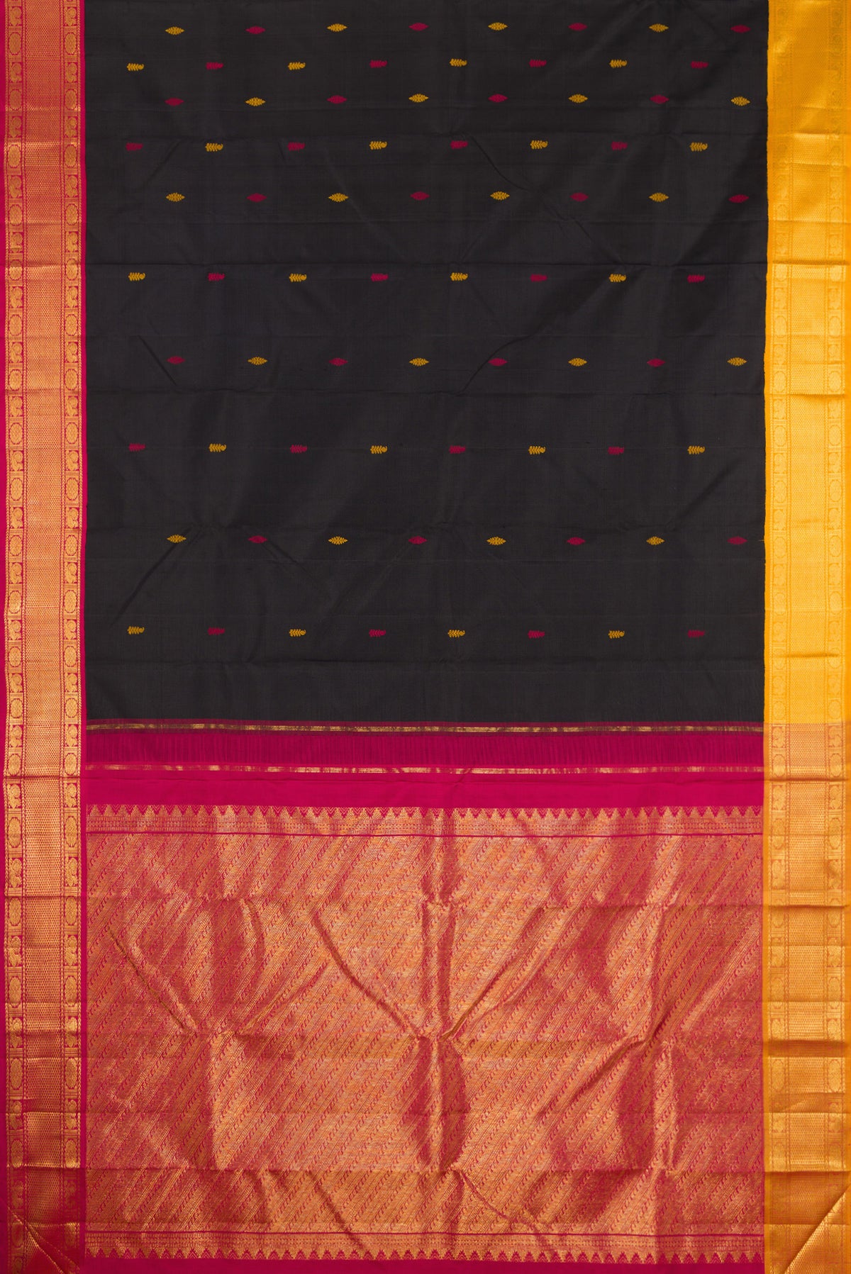 Flat view of Black Kanjivaram Silk Saree with Thread Butta on the body and Ganga Jamuna Border. 