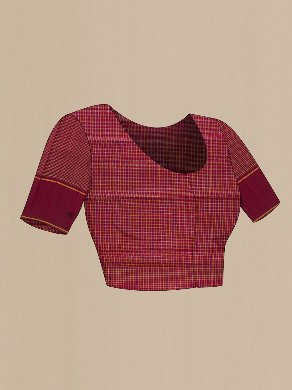 Close up image of the blouse of Maroon Kanchipuram Silk Saree with Stripes on the body and Zari Border. 