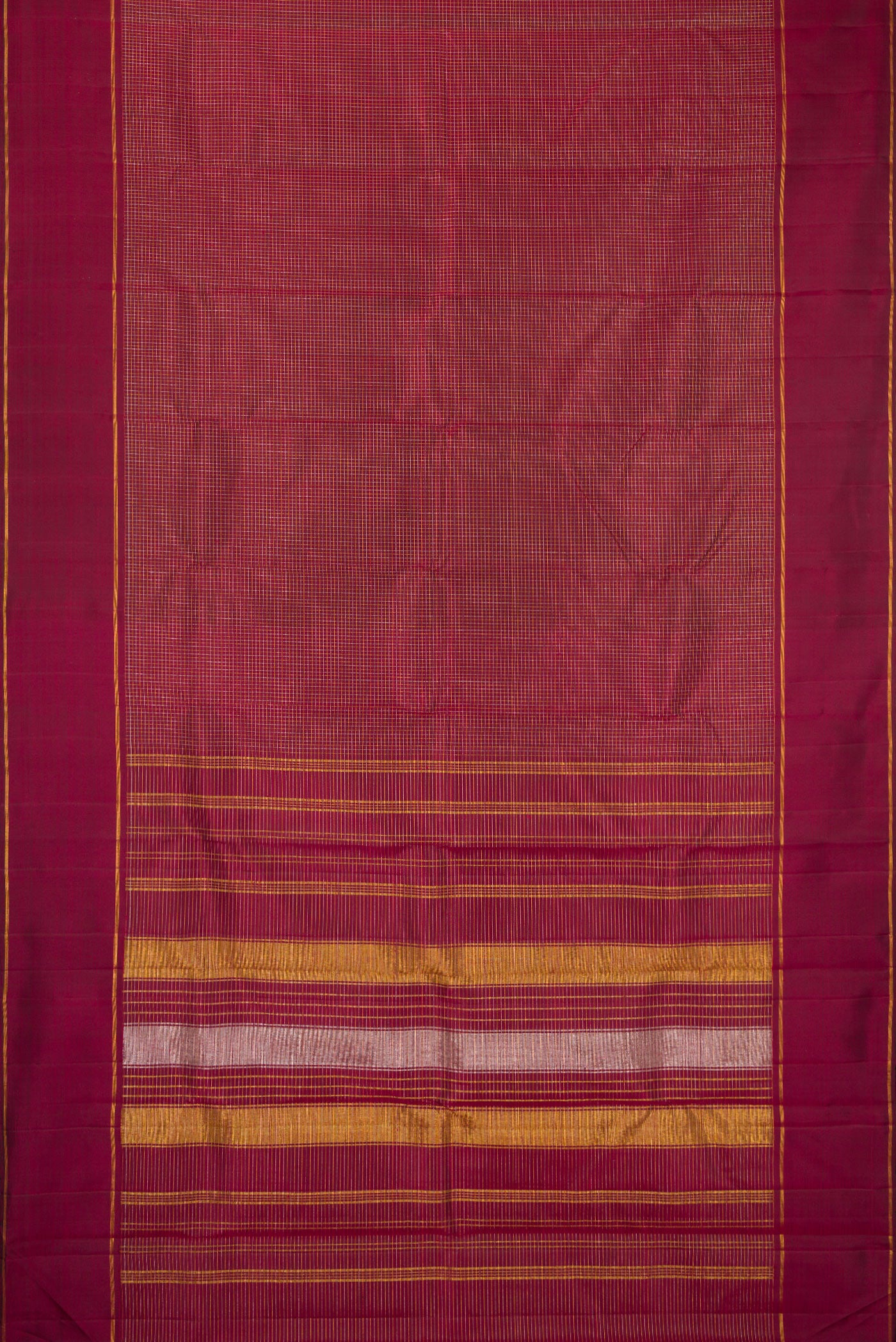 Flat view of Maroon Kanchipuram Silk Saree with Stripes on the body and Zari Border. 