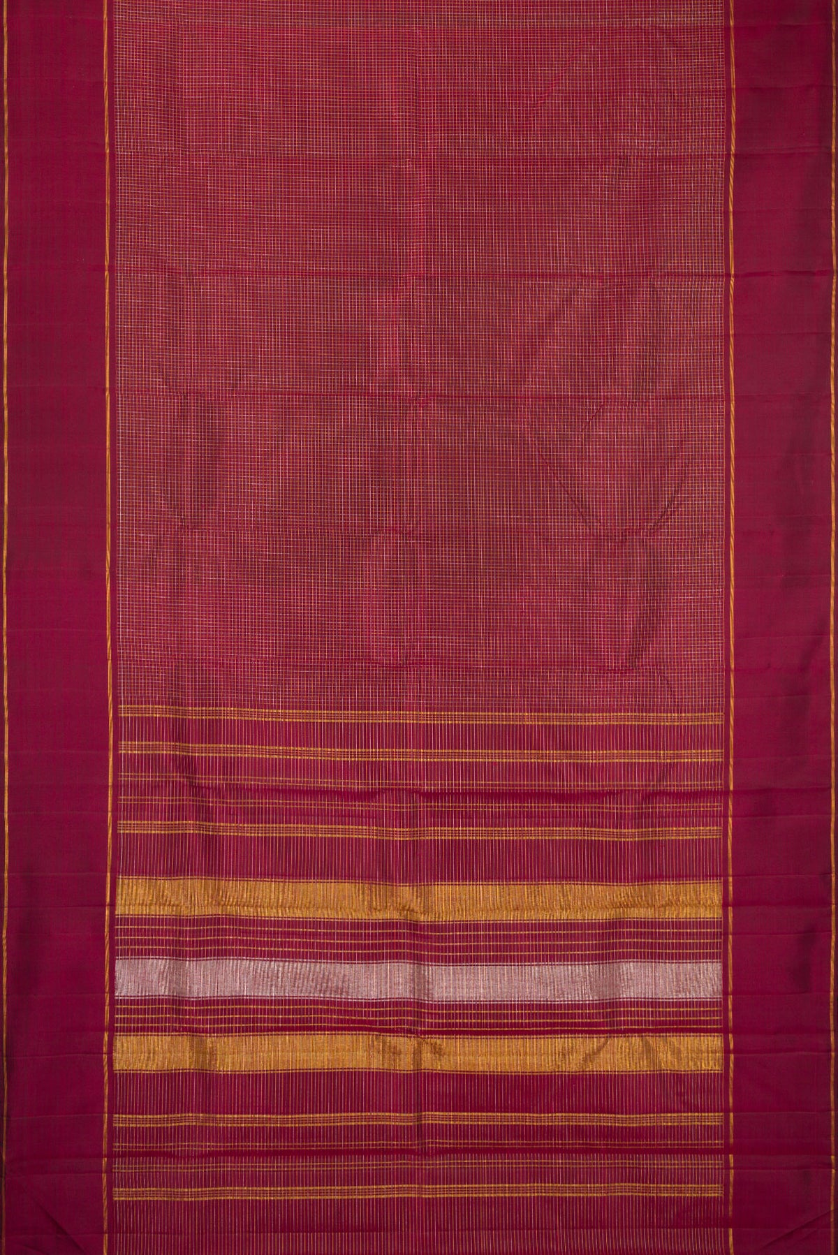 Flat view of Maroon Kanchipuram Silk Saree with Stripes on the body and Zari Border. 