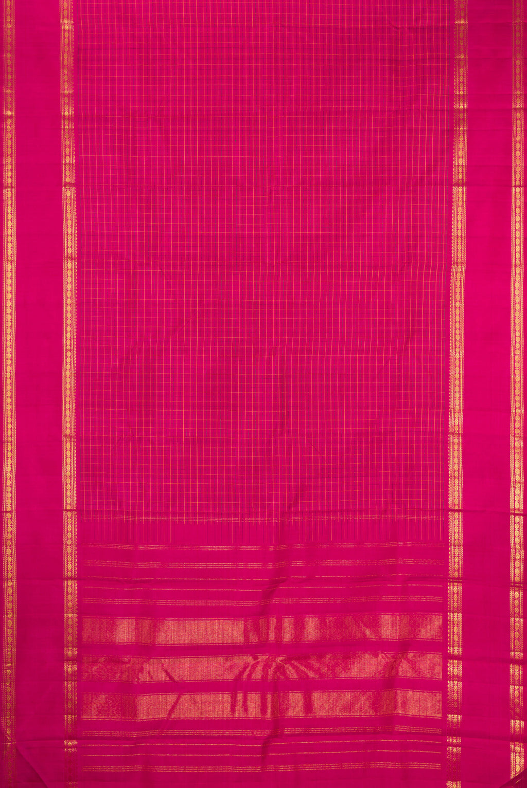 Flat view of Magenta Kanchipuram Silk Saree with Checked design on the body and Zari Border. 