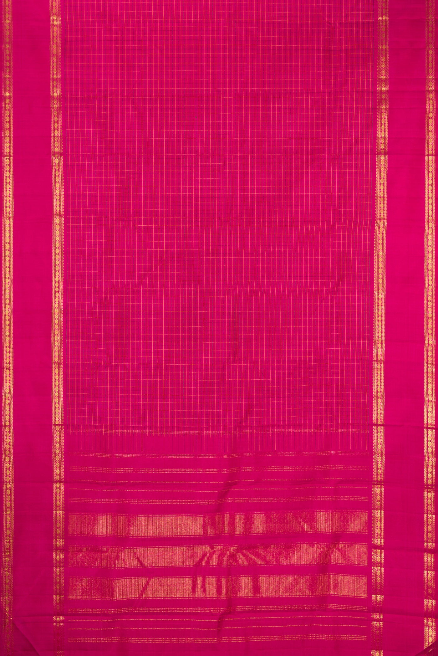 Flat view of Magenta Kanchipuram Silk Saree with Checked design on the body and Zari Border. 