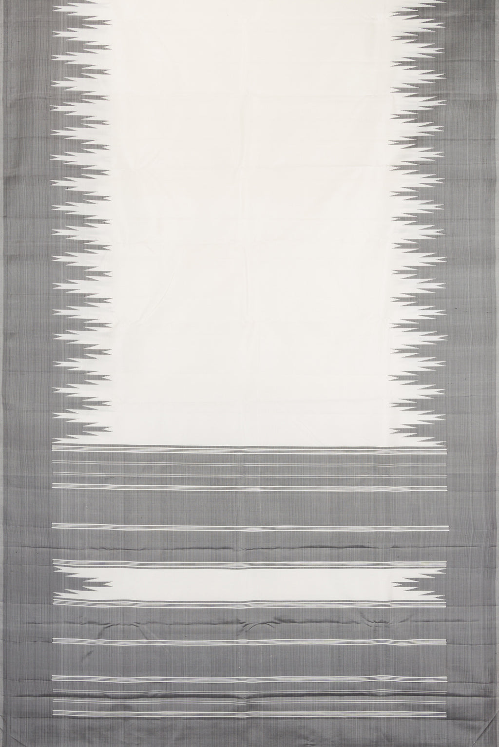 Flat view of White Kanchipuram Silk Saree with Plain Body and Temple Border. 
