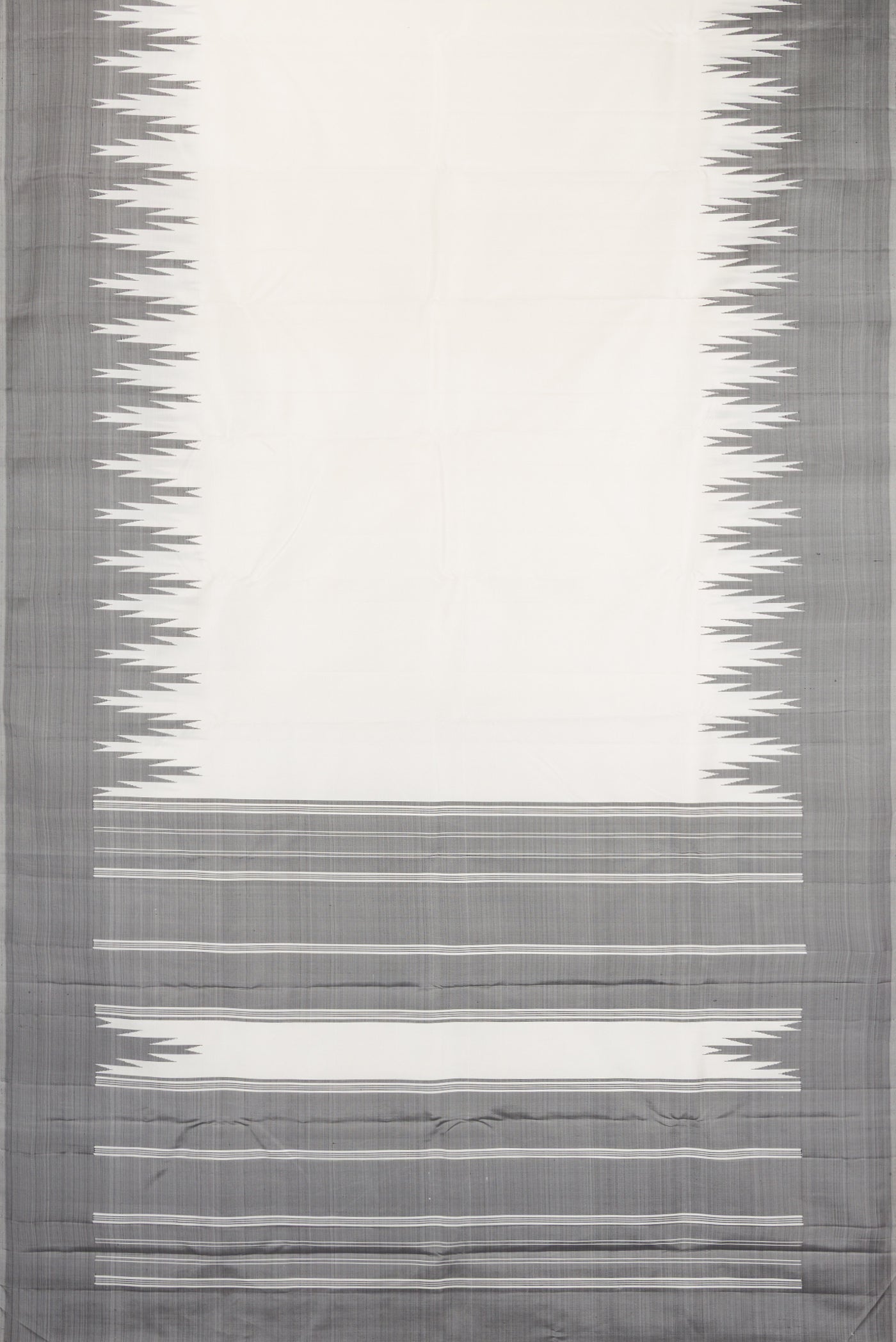 Flat view of White Kanchipuram Silk Saree with Plain Body and Temple Border. 