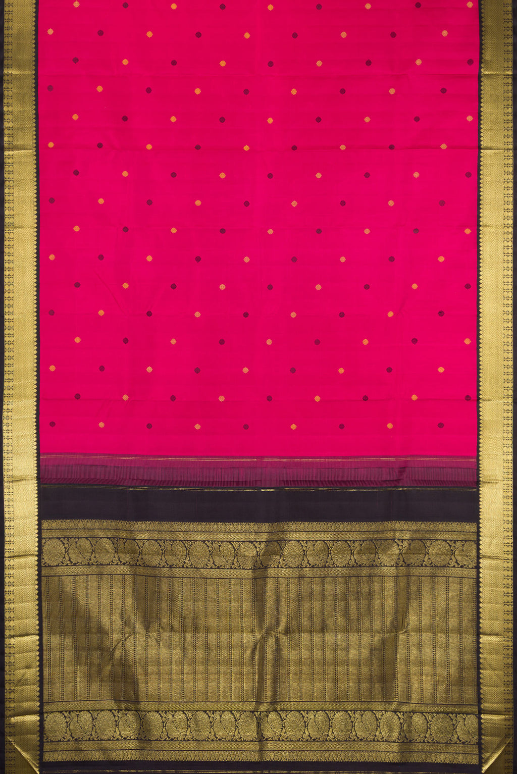 Flat view of Dark Pink Kanjivaram Silk Saree with Zari And Thread Butta on the body and Zari Border. 