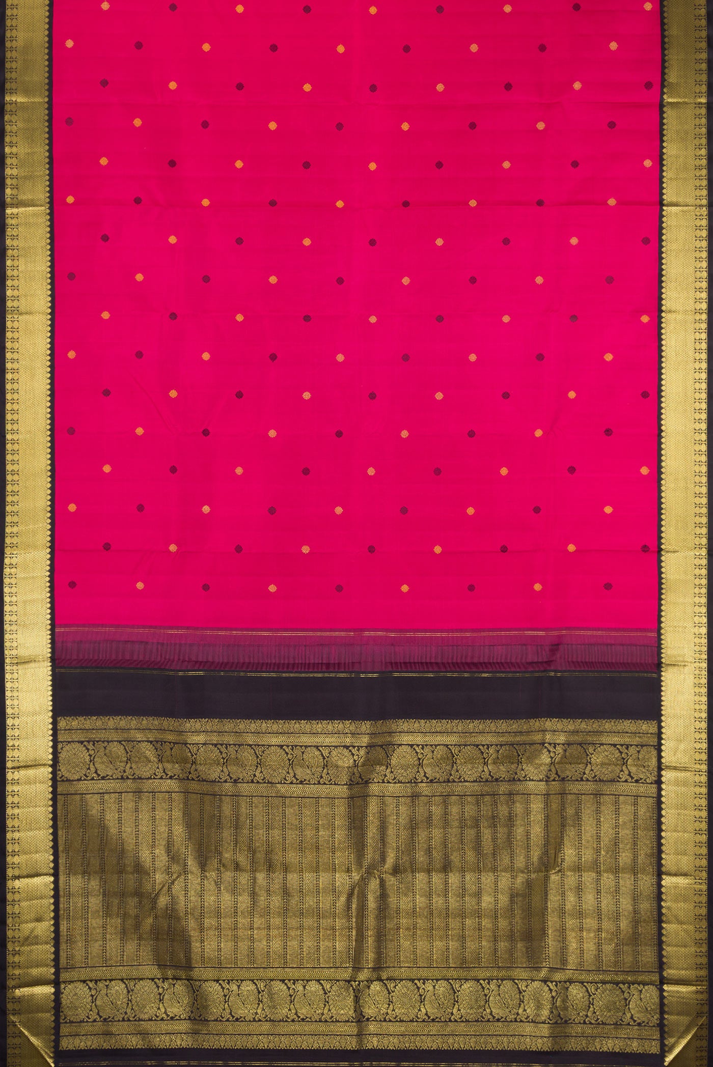 Flat view of Dark Pink Kanjivaram Silk Saree with Zari And Thread Butta on the body and Zari Border. 