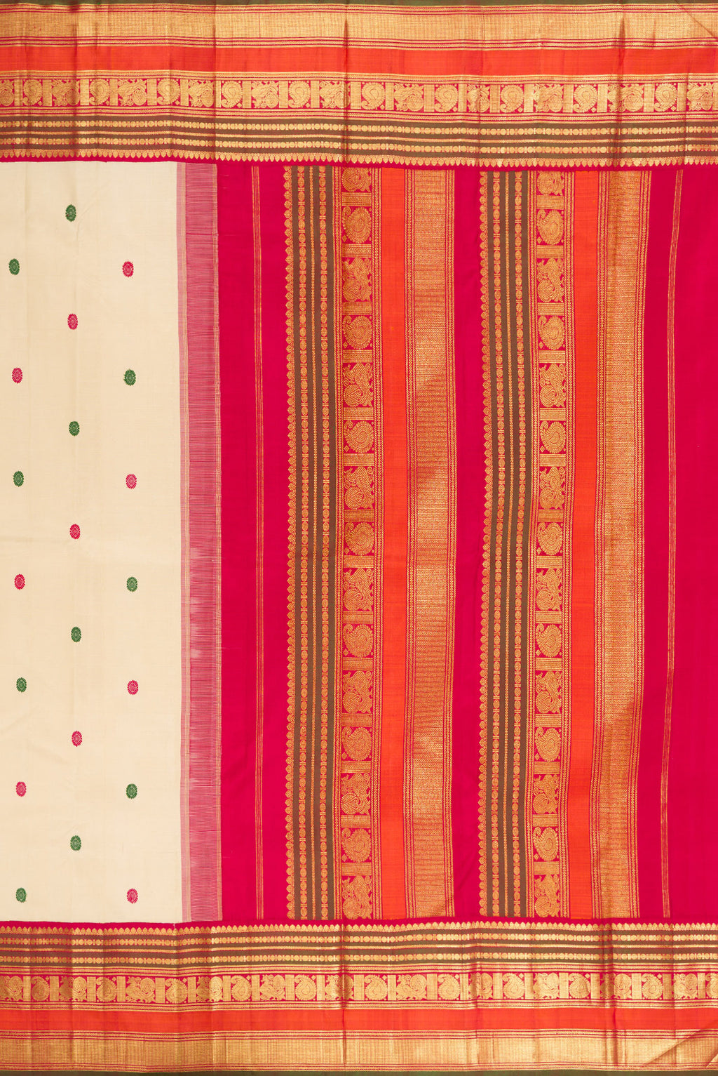 Close up image of the pallu of Beige Kanjivaram Silk Saree with Thread Butta on the body and Zari Border. 