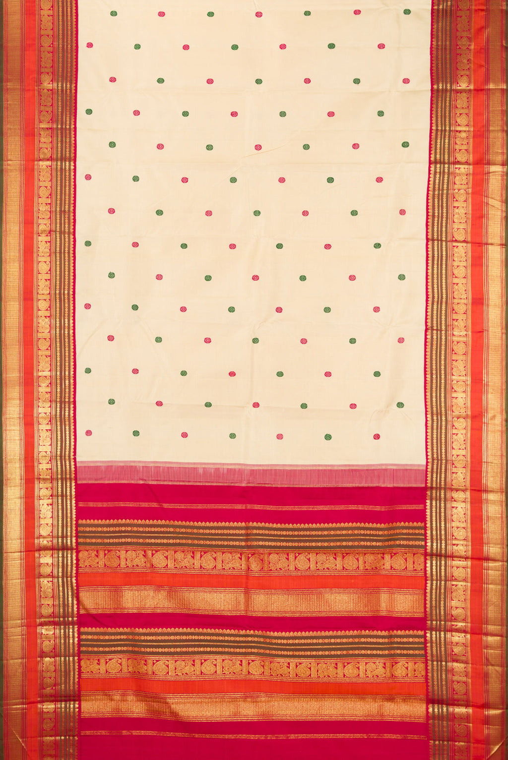 Flat view of Beige Kanjivaram Silk Saree with Thread Butta on the body and Zari Border. 