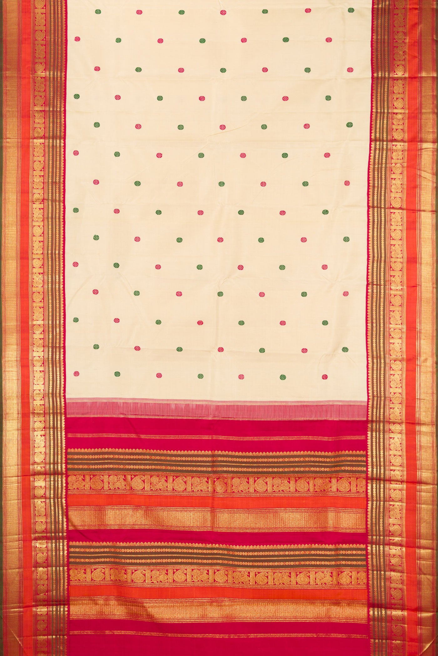 Flat view of Beige Kanjivaram Silk Saree with Thread Butta on the body and Zari Border. 