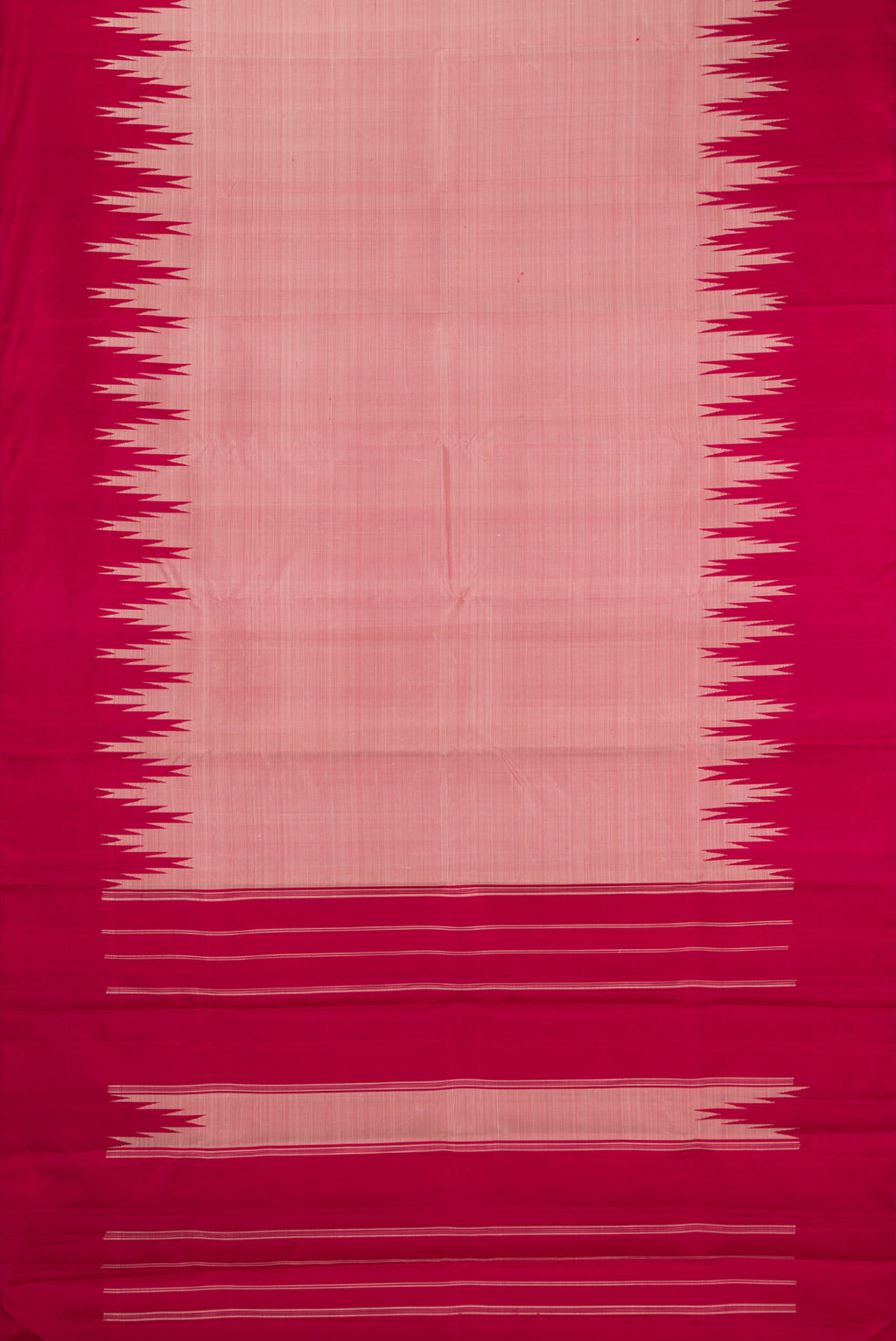 Flat view of Rose Gold Kanchipuram Silk Saree with Plain Body and Temple Border. 