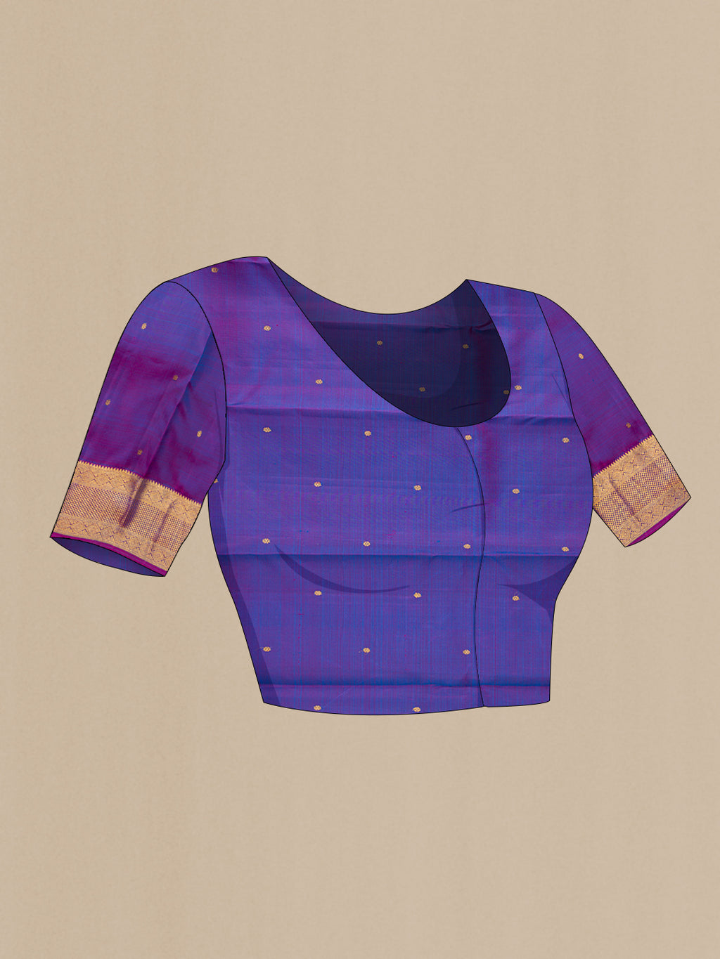 Close up image of the blouse of Royal Blue Kanjivaram Silk Saree with Zari Butta on the body and Zari Border. 