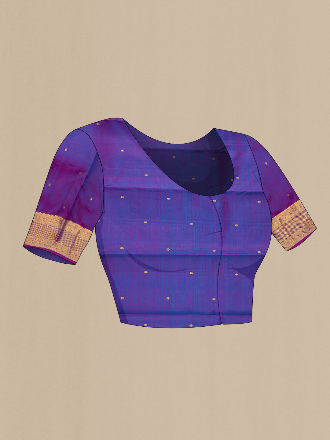 Close up image of the blouse of Royal Blue Kanjivaram Silk Saree with Zari Butta on the body and Zari Border. 