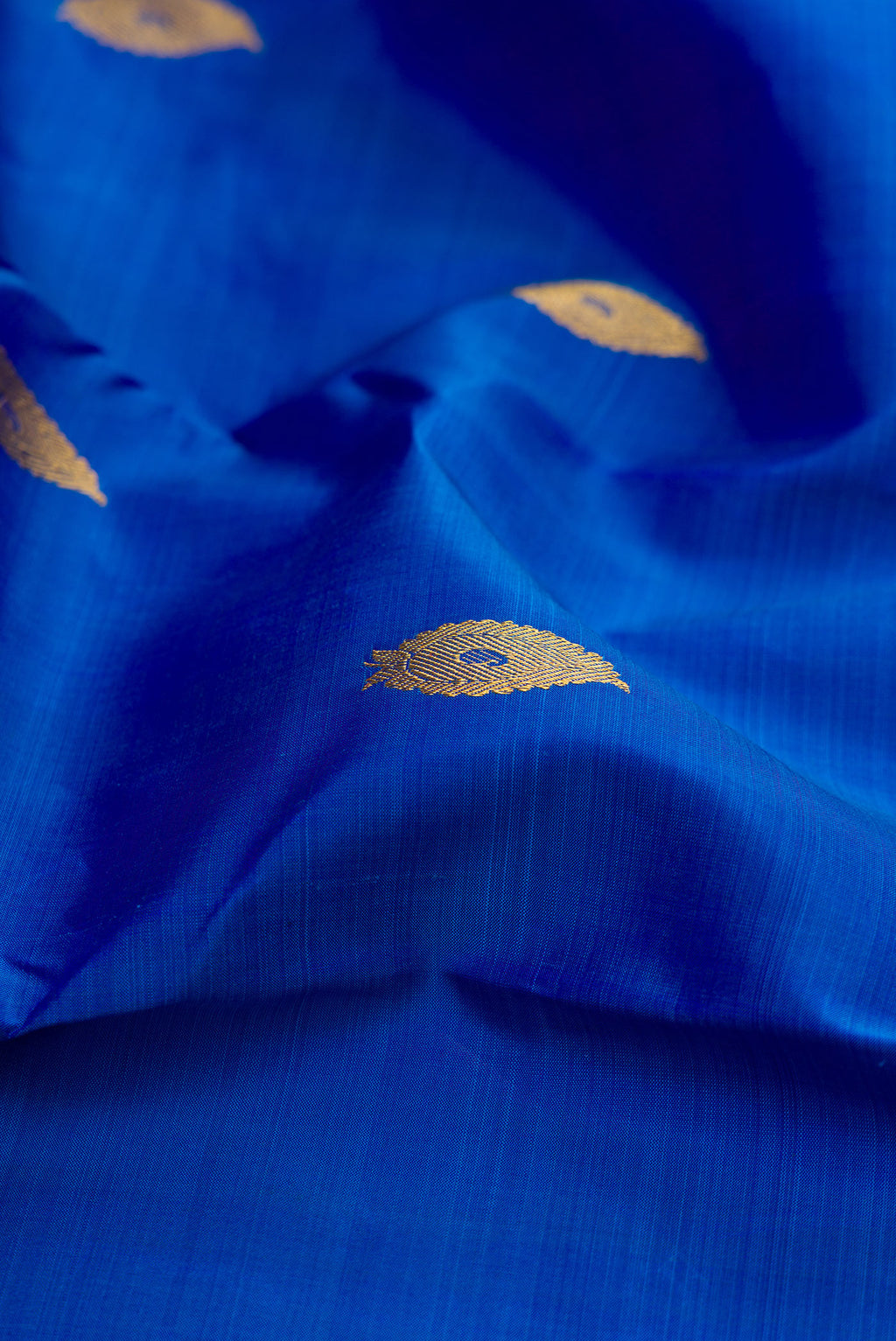 Close up of Royal Blue Kanjivaram Silk Saree with Zari Butta on the body and Zari Border.  displaying folds